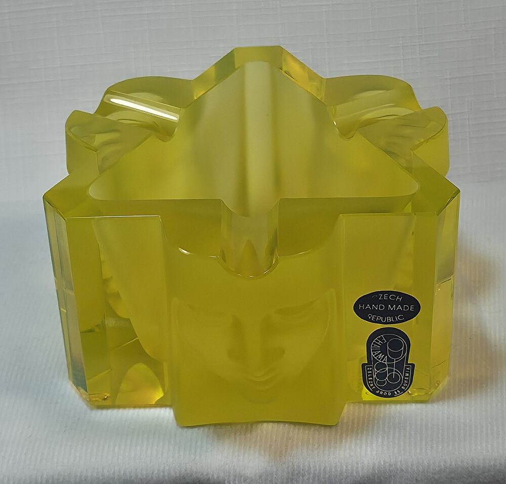 Czech Handmade Frosted Art Glass Face Bowl Vase Ashtray Yellow Green Modernist